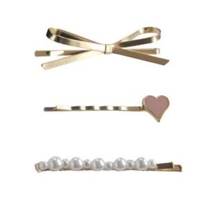 Pretty Pink Heart Pearl Hair Clips - Ribbon Bow Hair Hair Barrettes Set